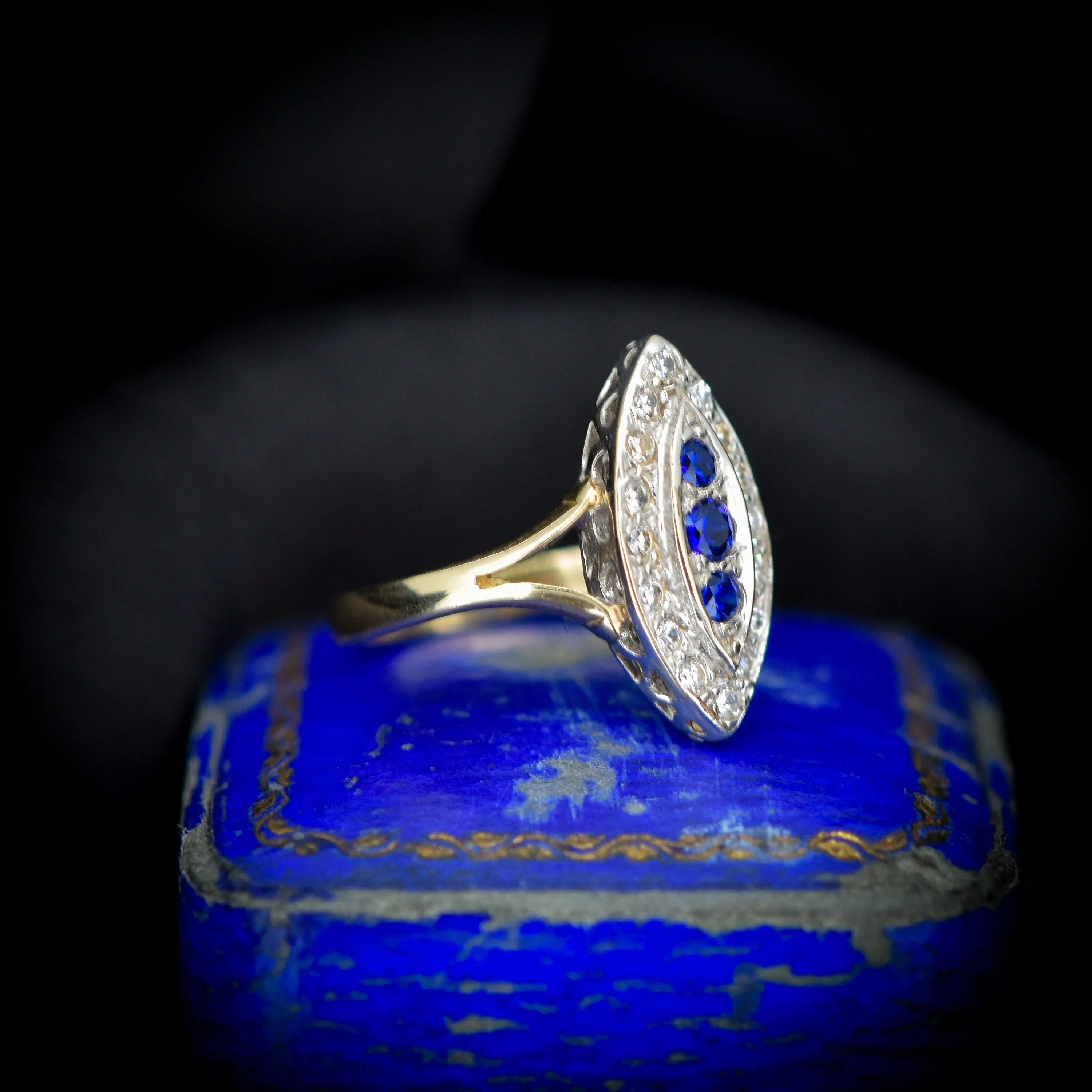 Vintage Blue Spinel Navette Cluster Gold Ring