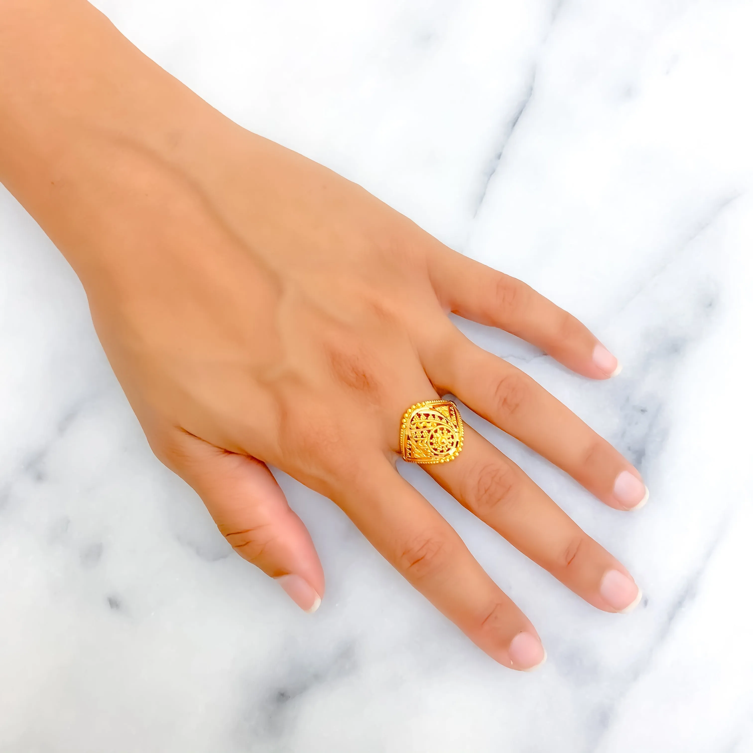 Vintage Charm Beaded Flower 22K Gold Ring
