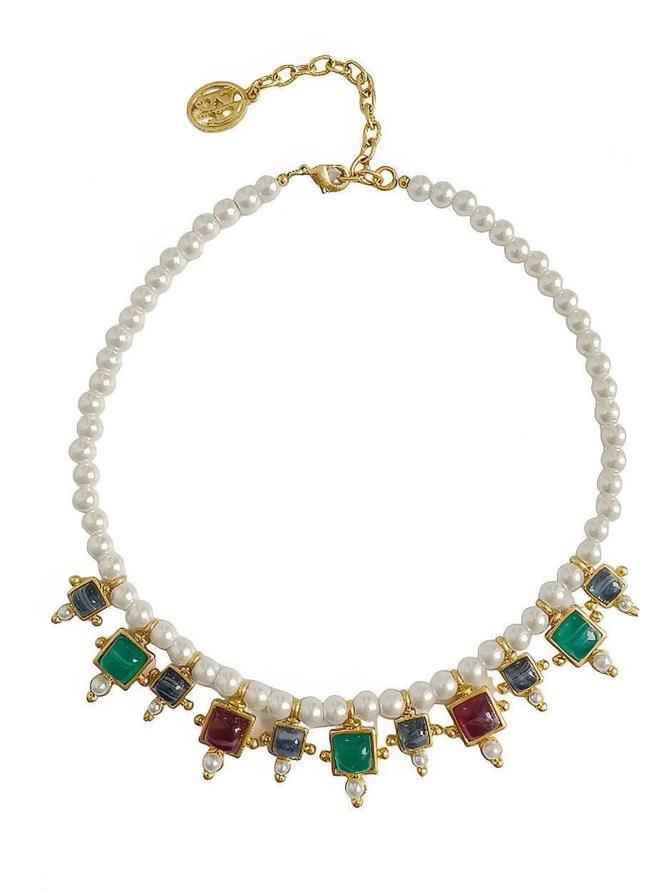 Vintage Floral Opal Multistone Choker Pearl Necklace
