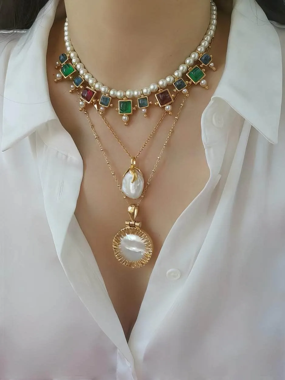 Vintage Floral Opal Multistone Choker Pearl Necklace