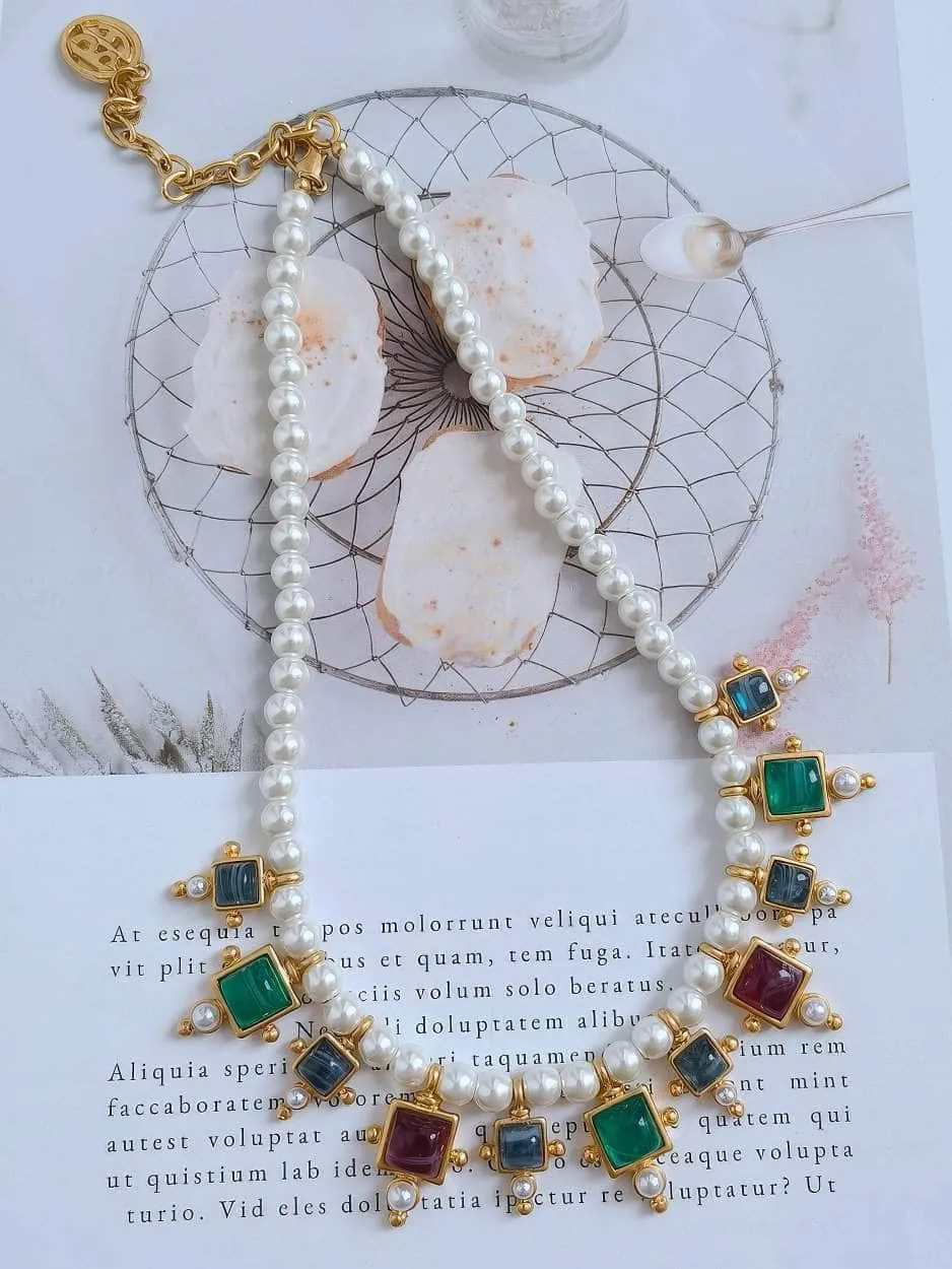 Vintage Floral Opal Multistone Choker Pearl Necklace