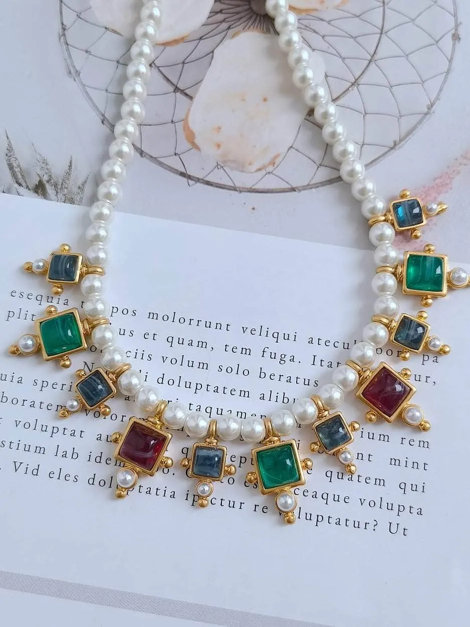 Vintage Floral Opal Multistone Choker Pearl Necklace
