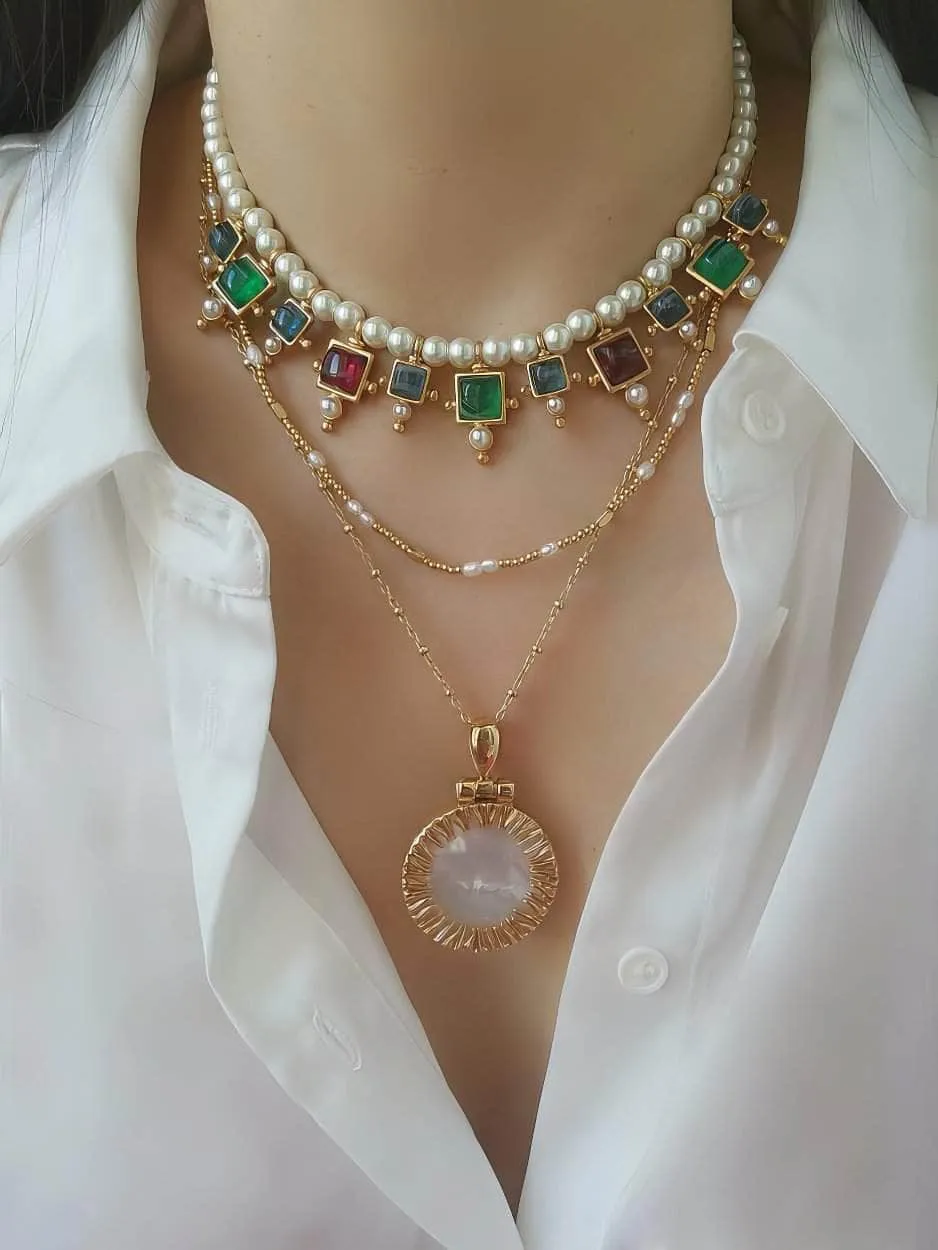 Vintage Floral Opal Multistone Choker Pearl Necklace