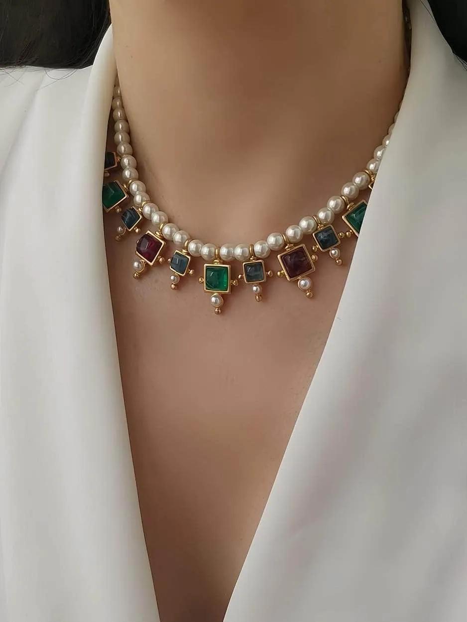 Vintage Floral Opal Multistone Choker Pearl Necklace