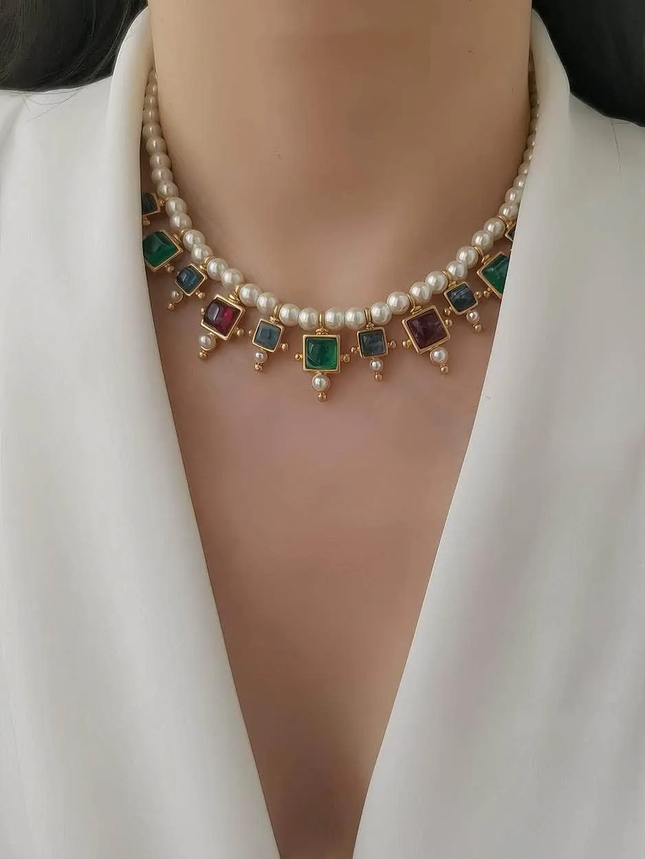 Vintage Floral Opal Multistone Choker Pearl Necklace