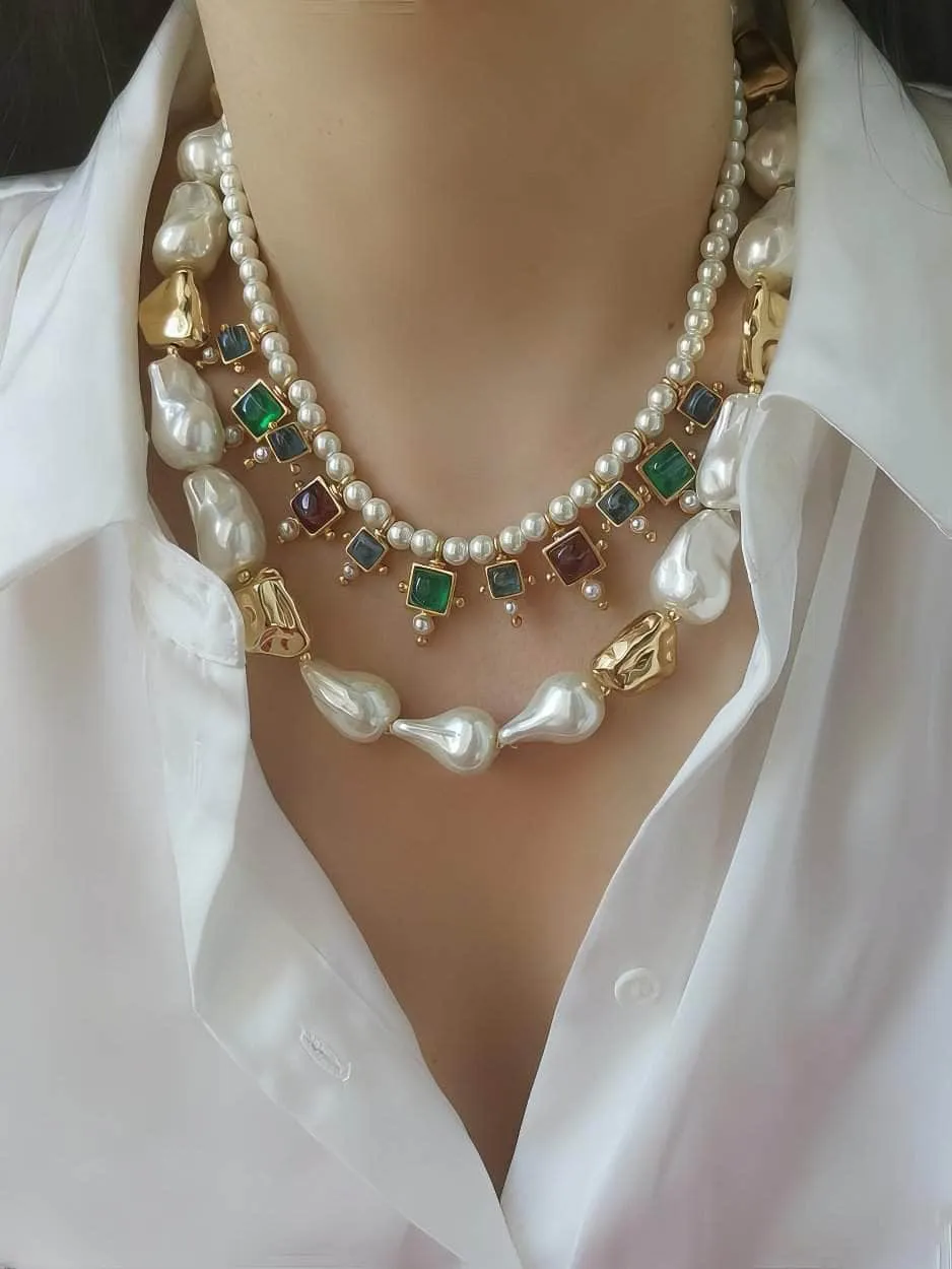 Vintage Floral Opal Multistone Choker Pearl Necklace
