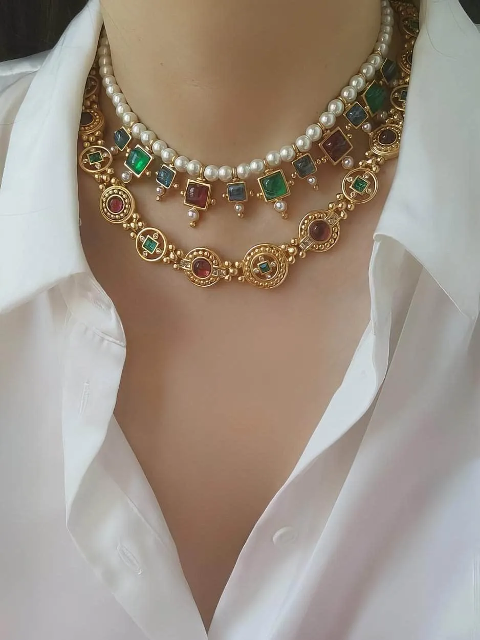 Vintage Floral Opal Multistone Choker Pearl Necklace