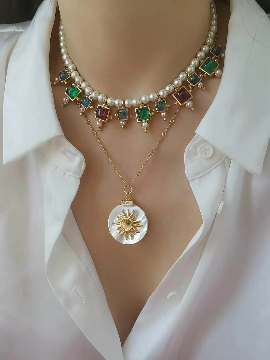 Vintage Floral Opal Multistone Choker Pearl Necklace