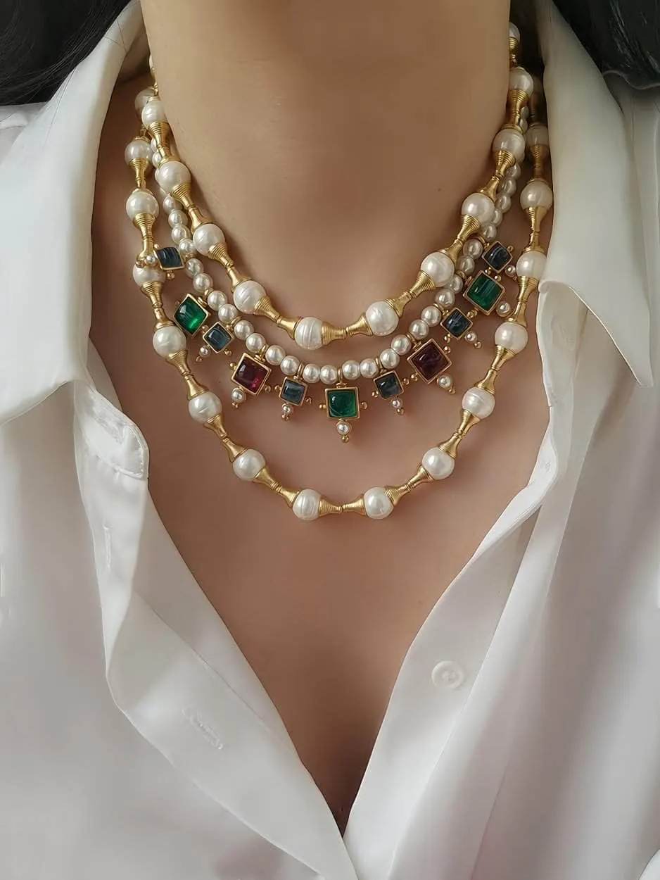 Vintage Floral Opal Multistone Choker Pearl Necklace