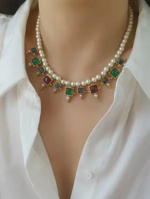 Vintage Floral Opal Multistone Choker Pearl Necklace
