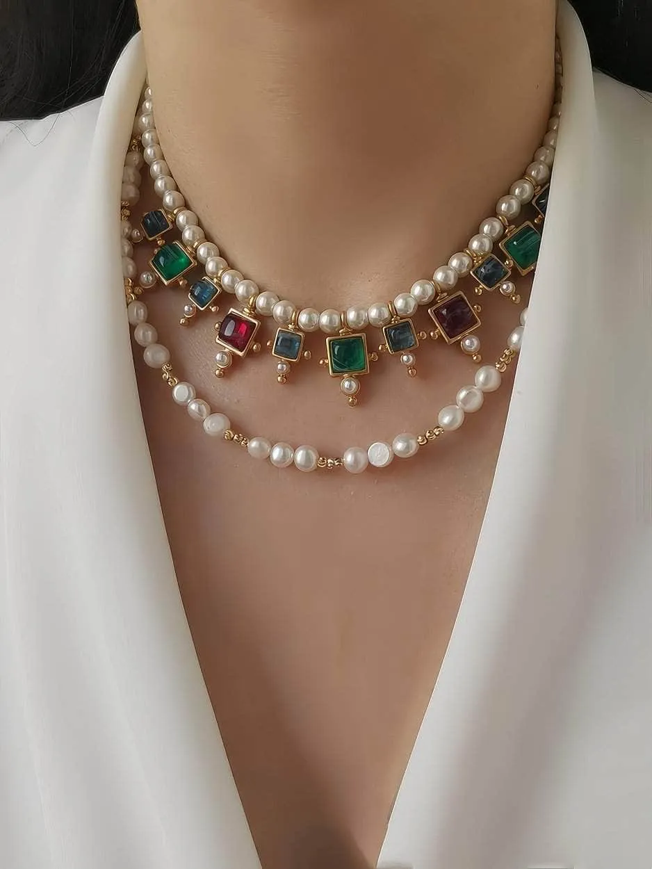 Vintage Floral Opal Multistone Choker Pearl Necklace