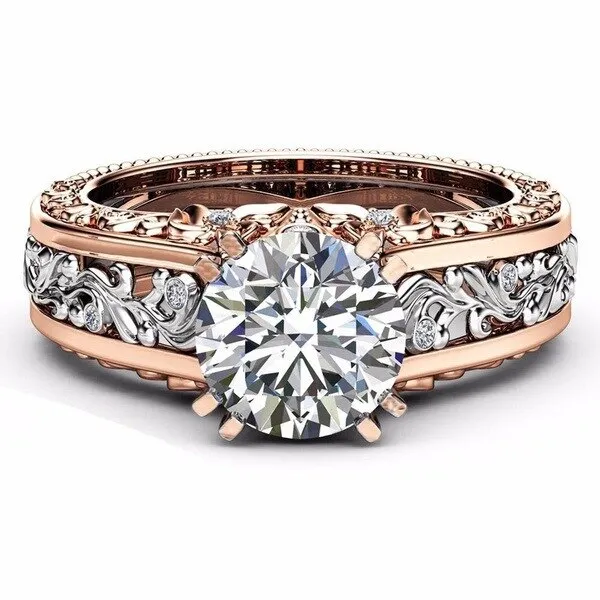 Vintage Garnet Wedding Ring 14K Rose Gold 925 Sterling Silver Round Cut Women's Jewelry