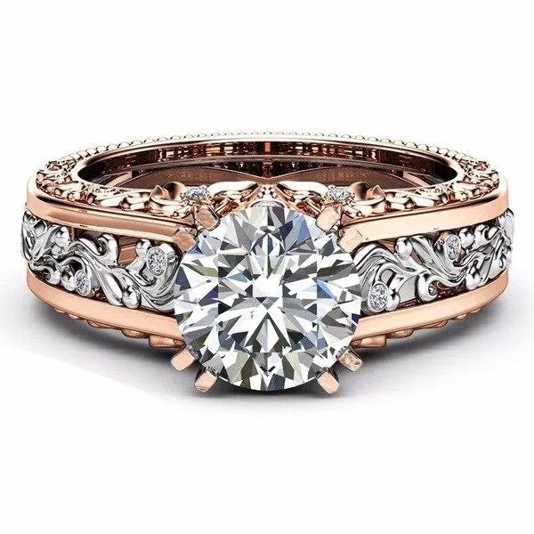 Vintage Garnet Wedding Ring 14K Rose Gold 925 Sterling Silver Round Cut Women's Jewelry