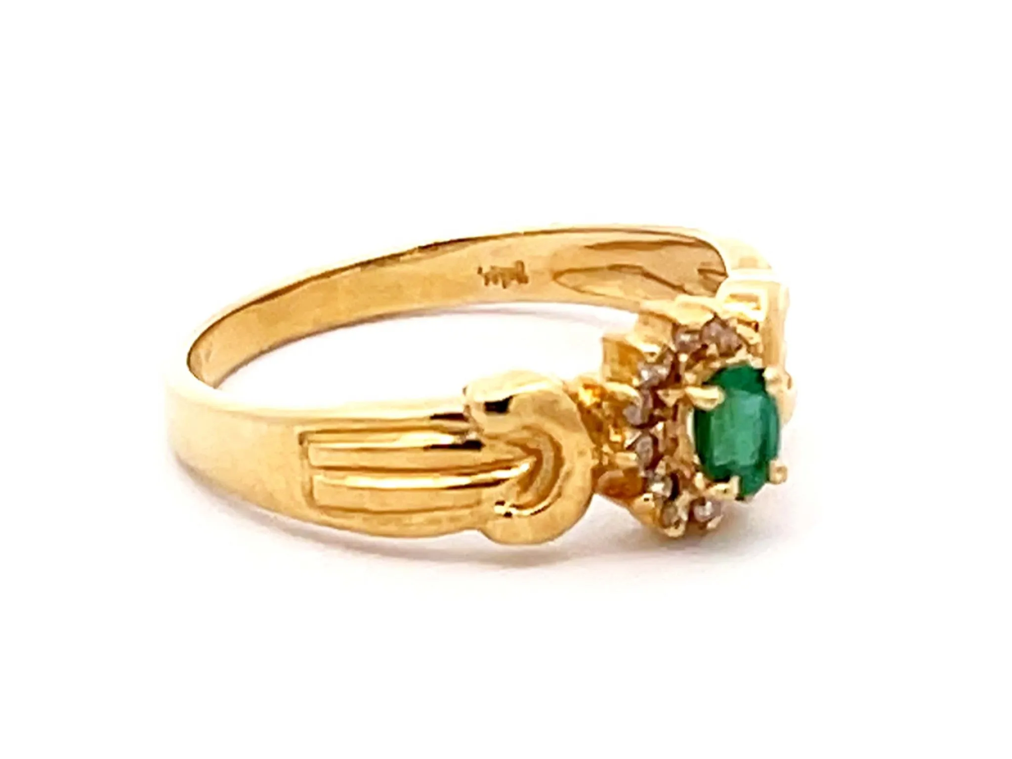 Vintage Green Oval Emerald and Diamond Halo Ring in 14k Yellow Gold