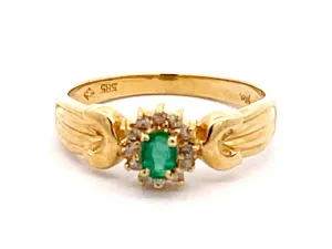 Vintage Green Oval Emerald and Diamond Halo Ring in 14k Yellow Gold