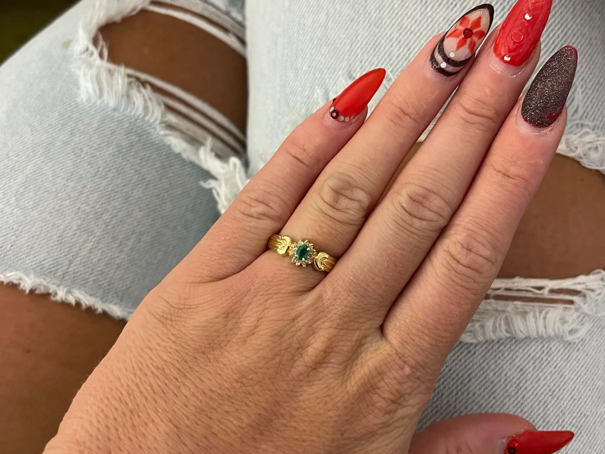 Vintage Green Oval Emerald and Diamond Halo Ring in 14k Yellow Gold