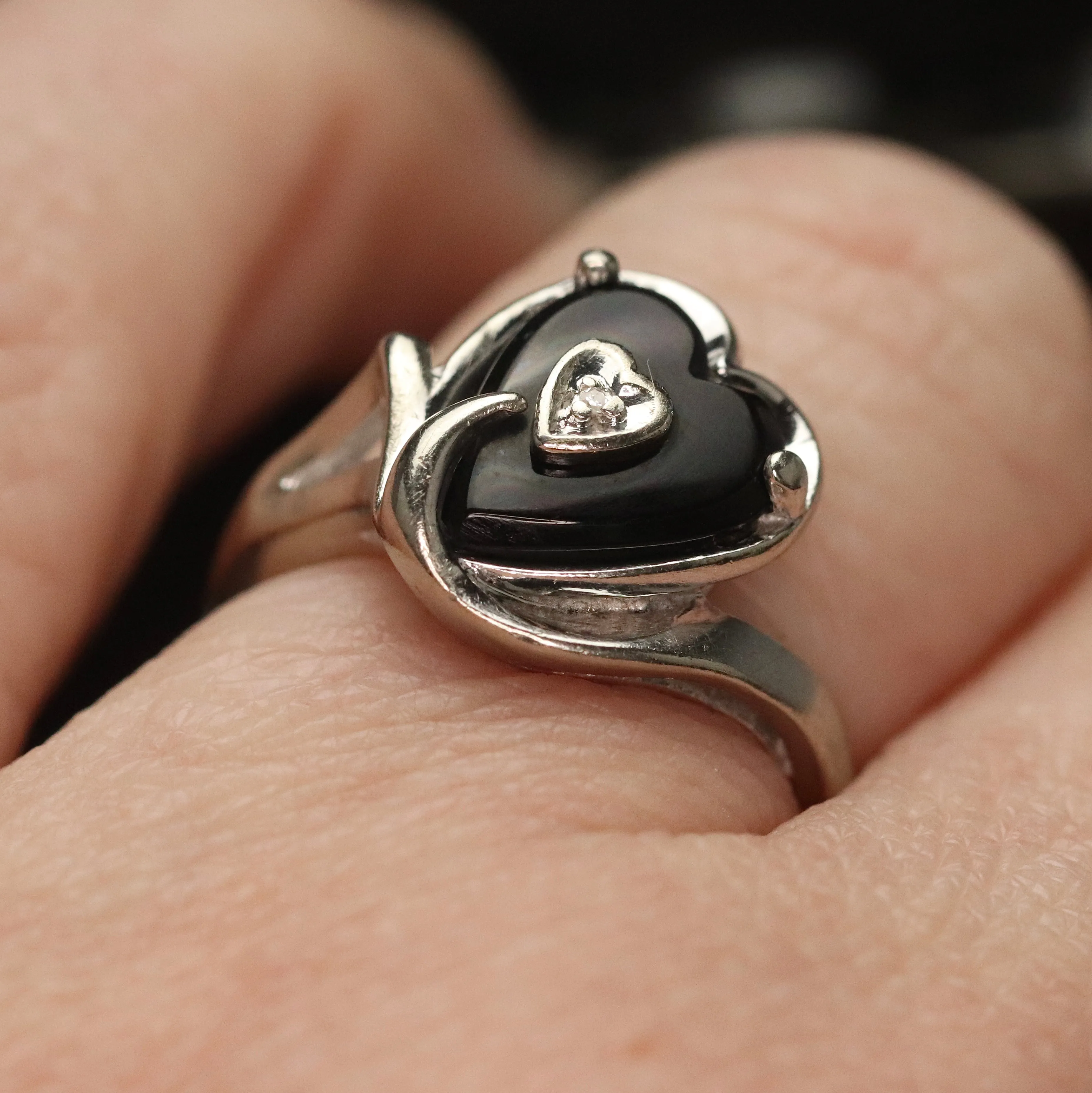 Vintage Heart shaped onyx and diamond ring in white gold