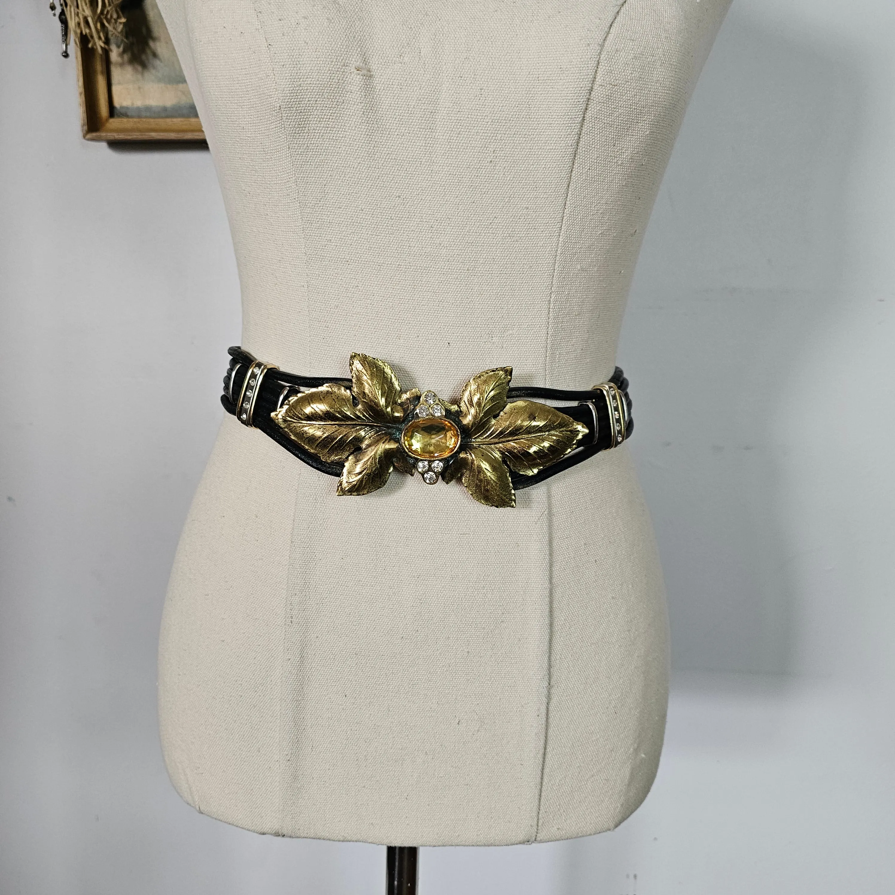 Vintage Italian Statement Belt with Gold Leaf & Amber Jewel Centrepiece