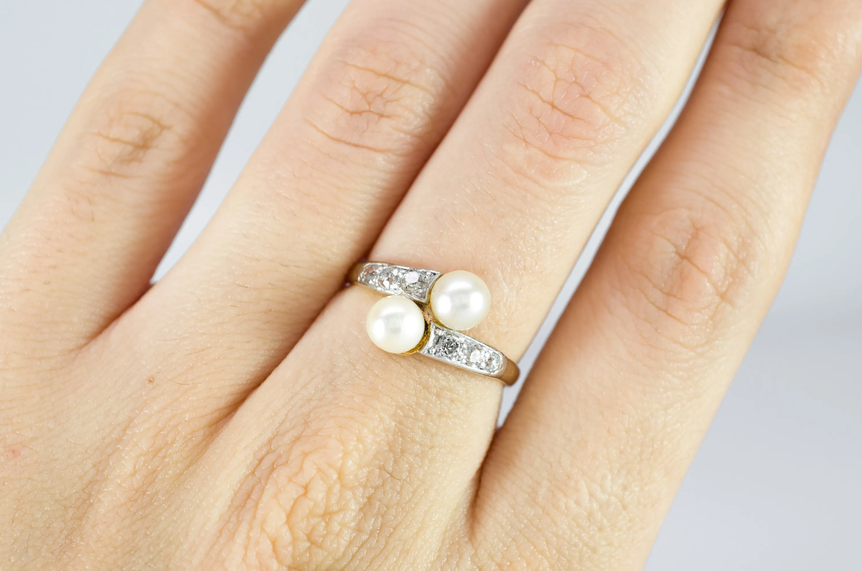 VINTAGE MINE CUT DIAMOND AND PEARL TOI ET MOI RING