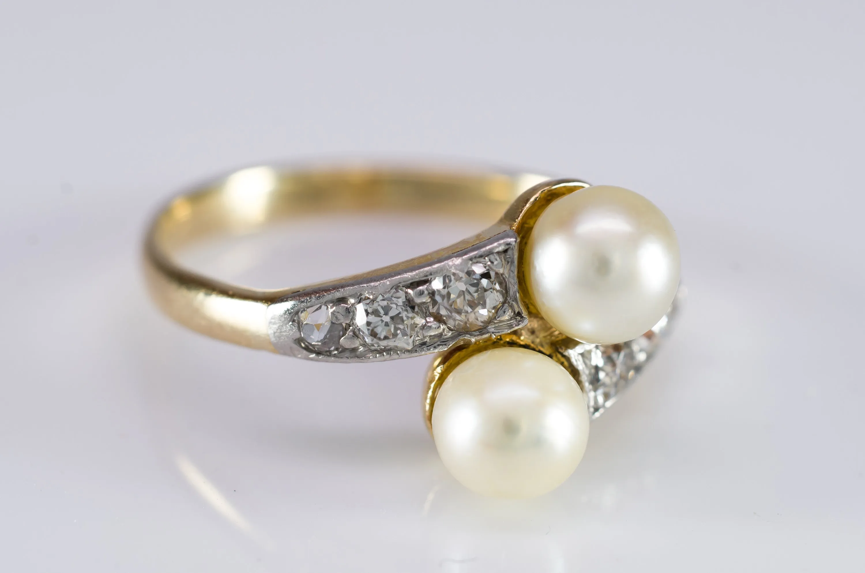 VINTAGE MINE CUT DIAMOND AND PEARL TOI ET MOI RING