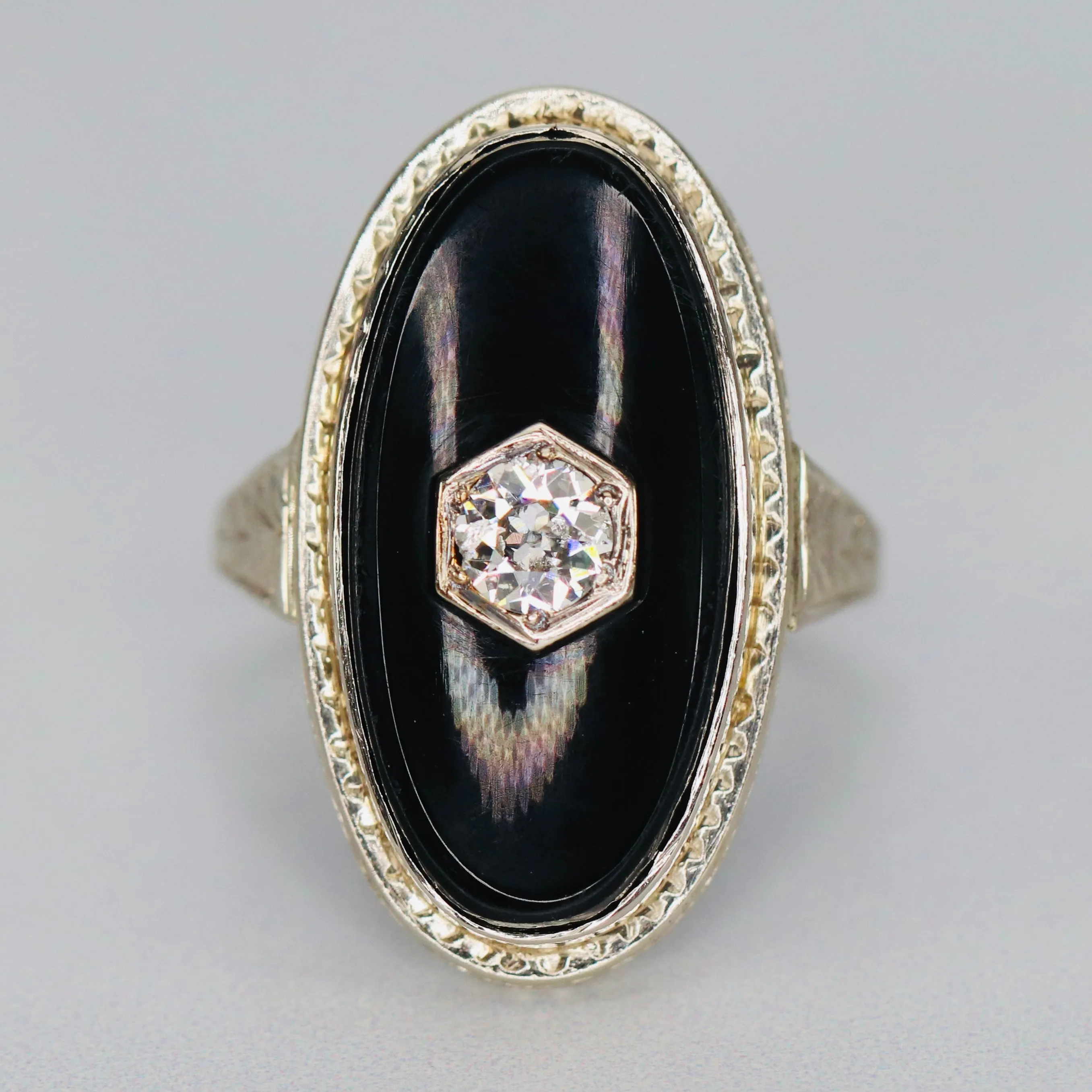 Vintage Onyx and .21ct OEC diamond ring in 14k white gold