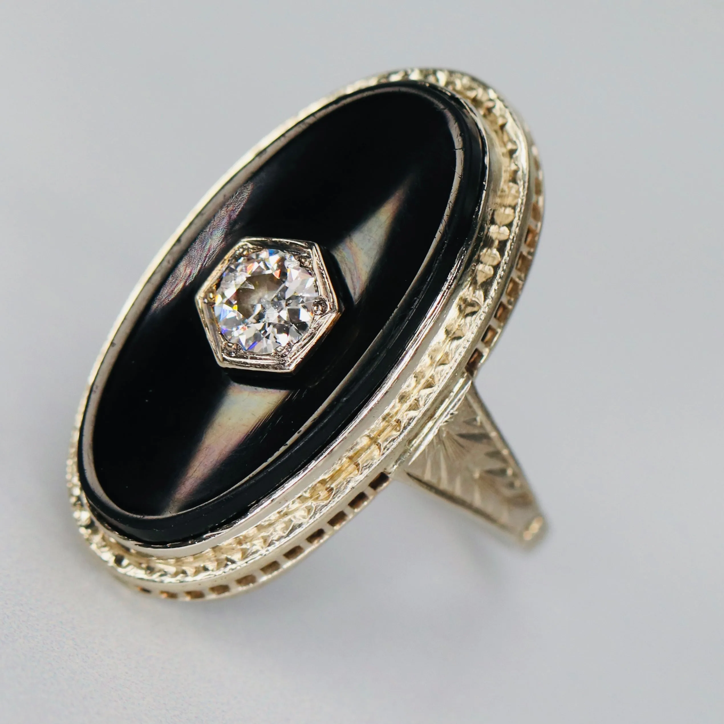 Vintage Onyx and .21ct OEC diamond ring in 14k white gold
