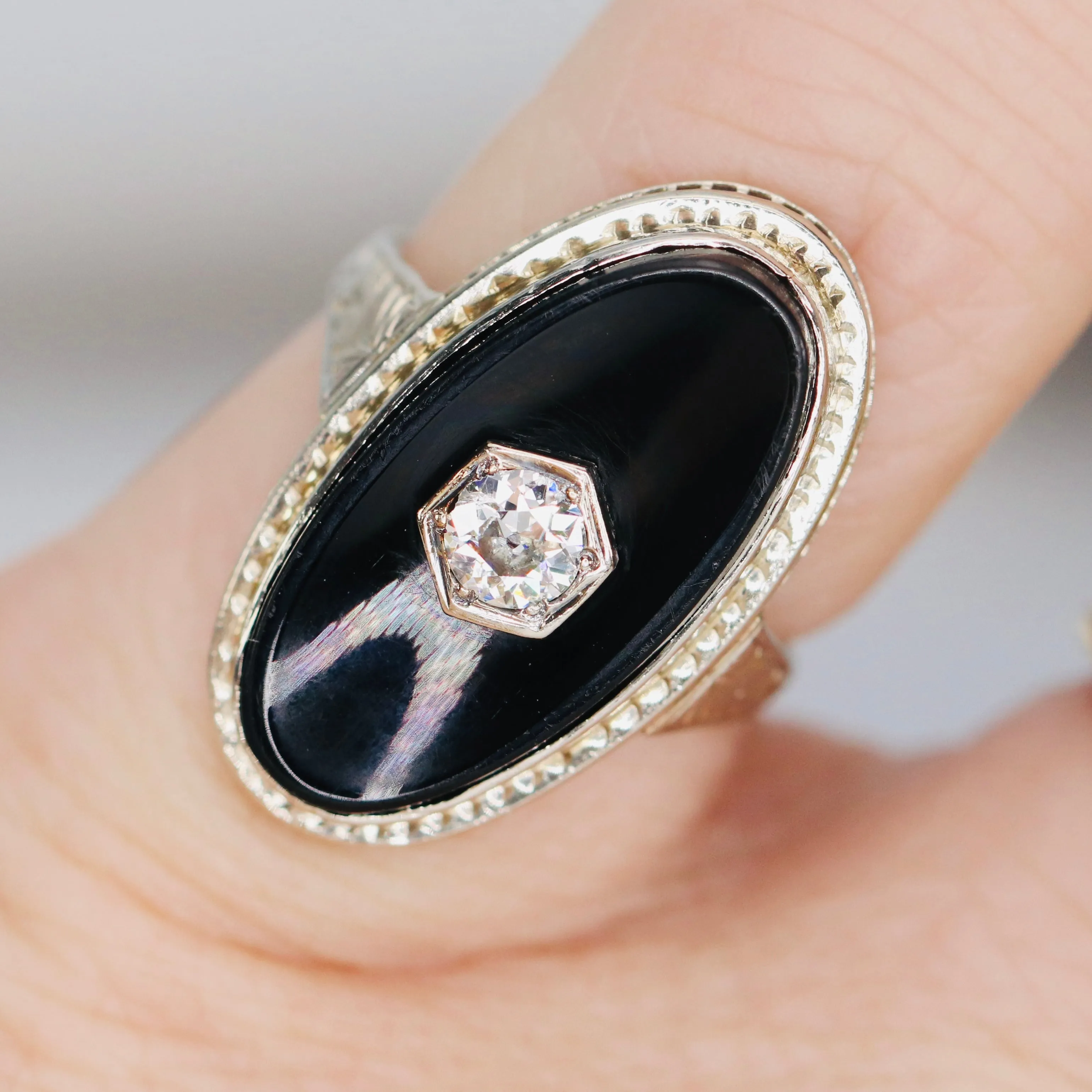Vintage Onyx and .21ct OEC diamond ring in 14k white gold