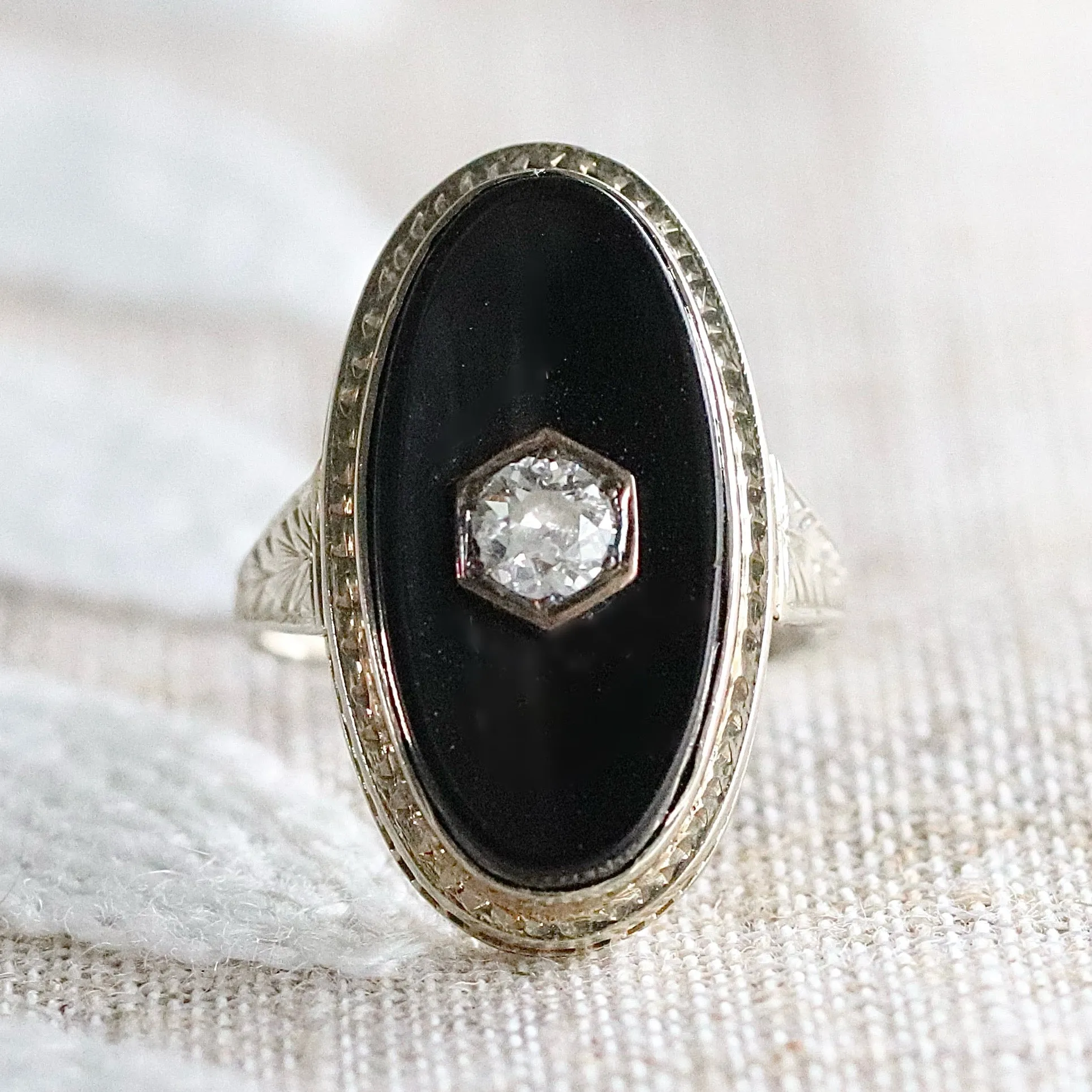Vintage Onyx and .21ct OEC diamond ring in 14k white gold