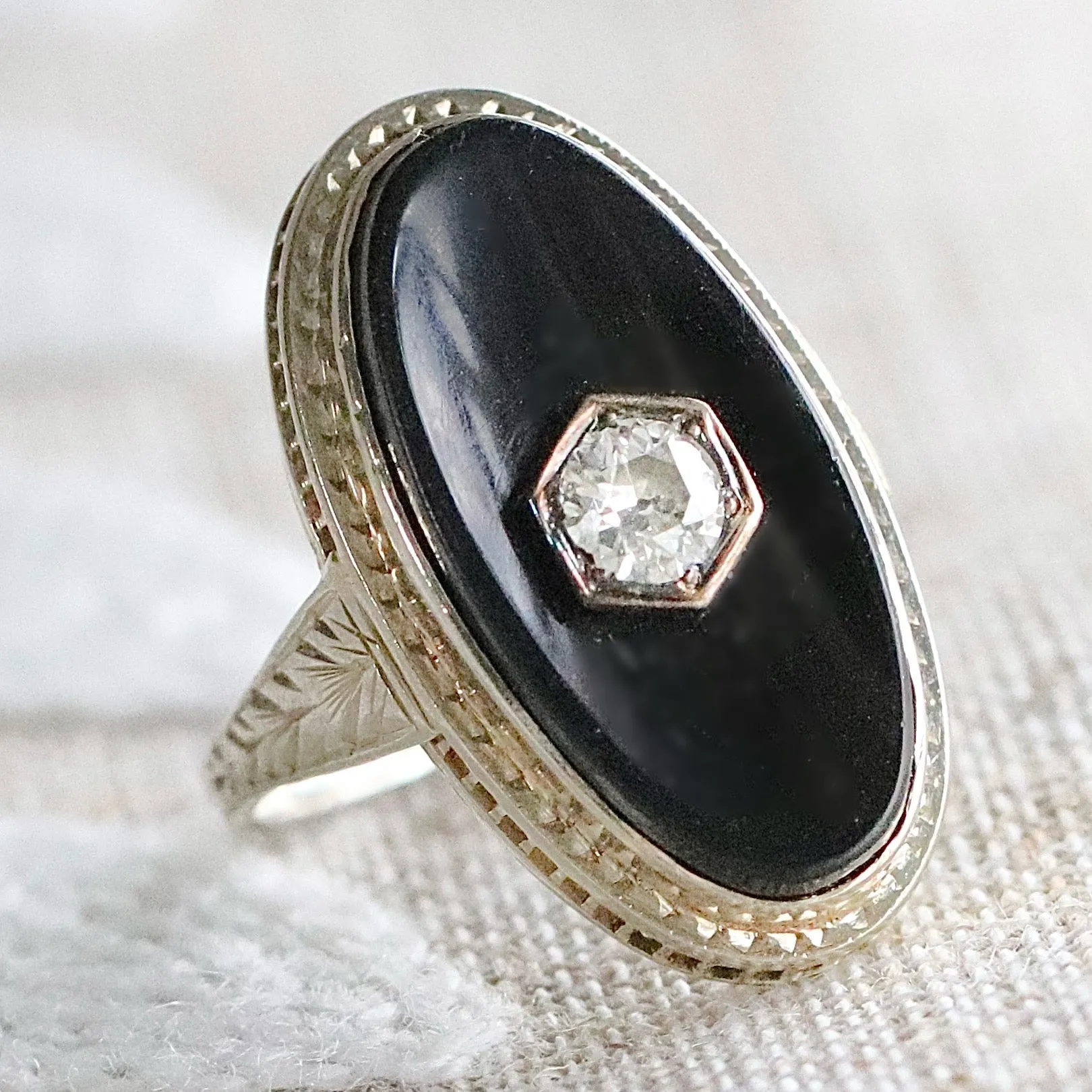 Vintage Onyx and .21ct OEC diamond ring in 14k white gold