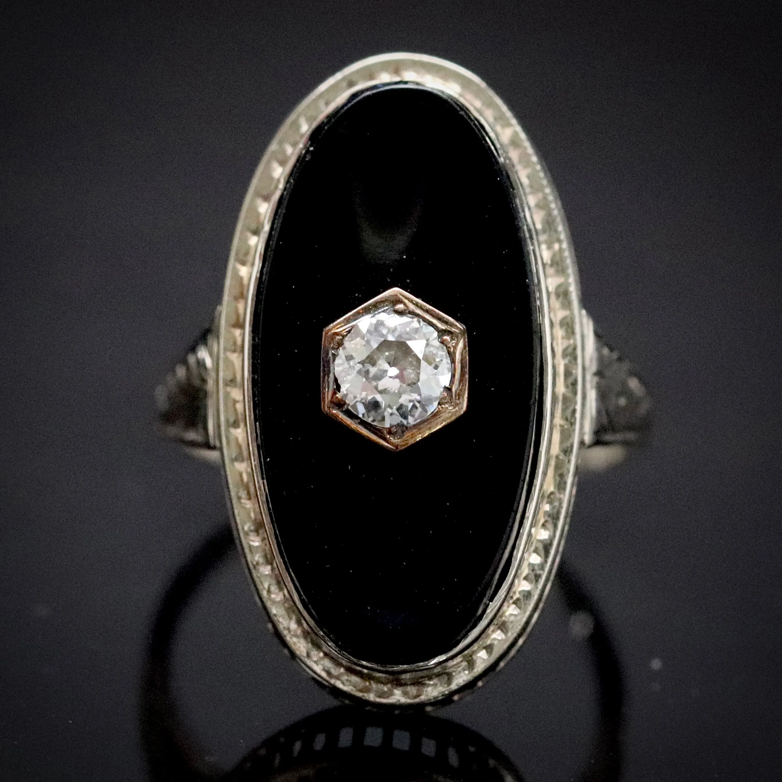 Vintage Onyx and .21ct OEC diamond ring in 14k white gold