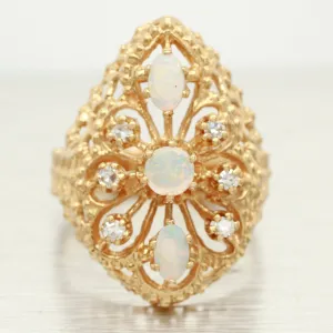 Vintage Opal & Diamond Cocktail Ring - 14k Yellow Gold Teardrop Filigree Setting