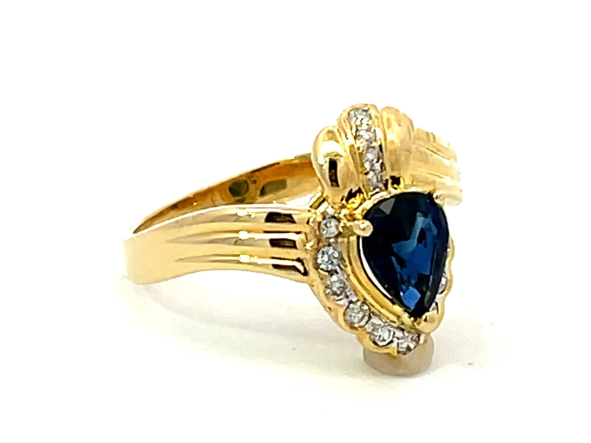 Vintage Pear Shaped Sapphire and Diamond Halo Ring in 18k Yellow Gold