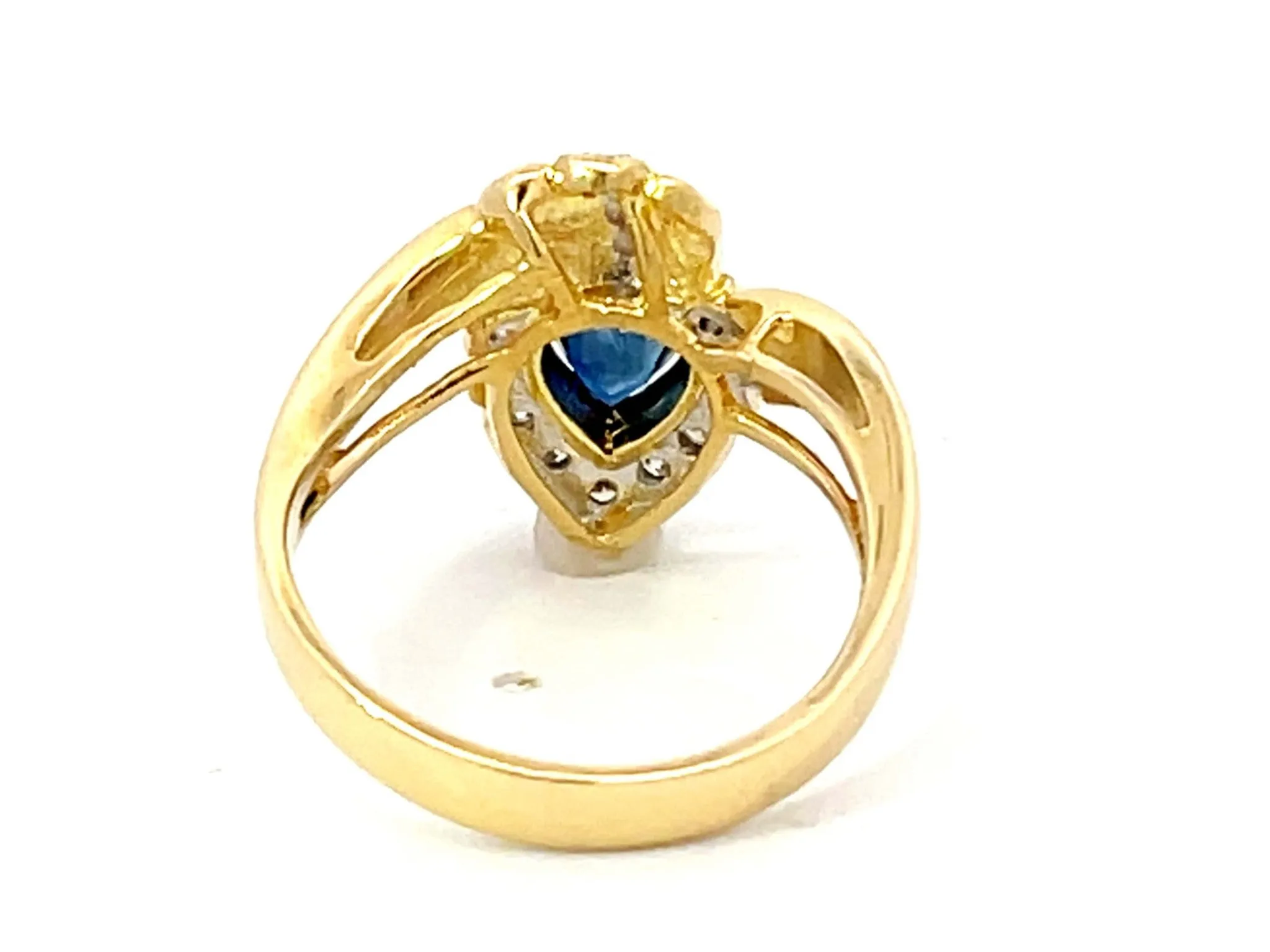 Vintage Pear Shaped Sapphire and Diamond Halo Ring in 18k Yellow Gold