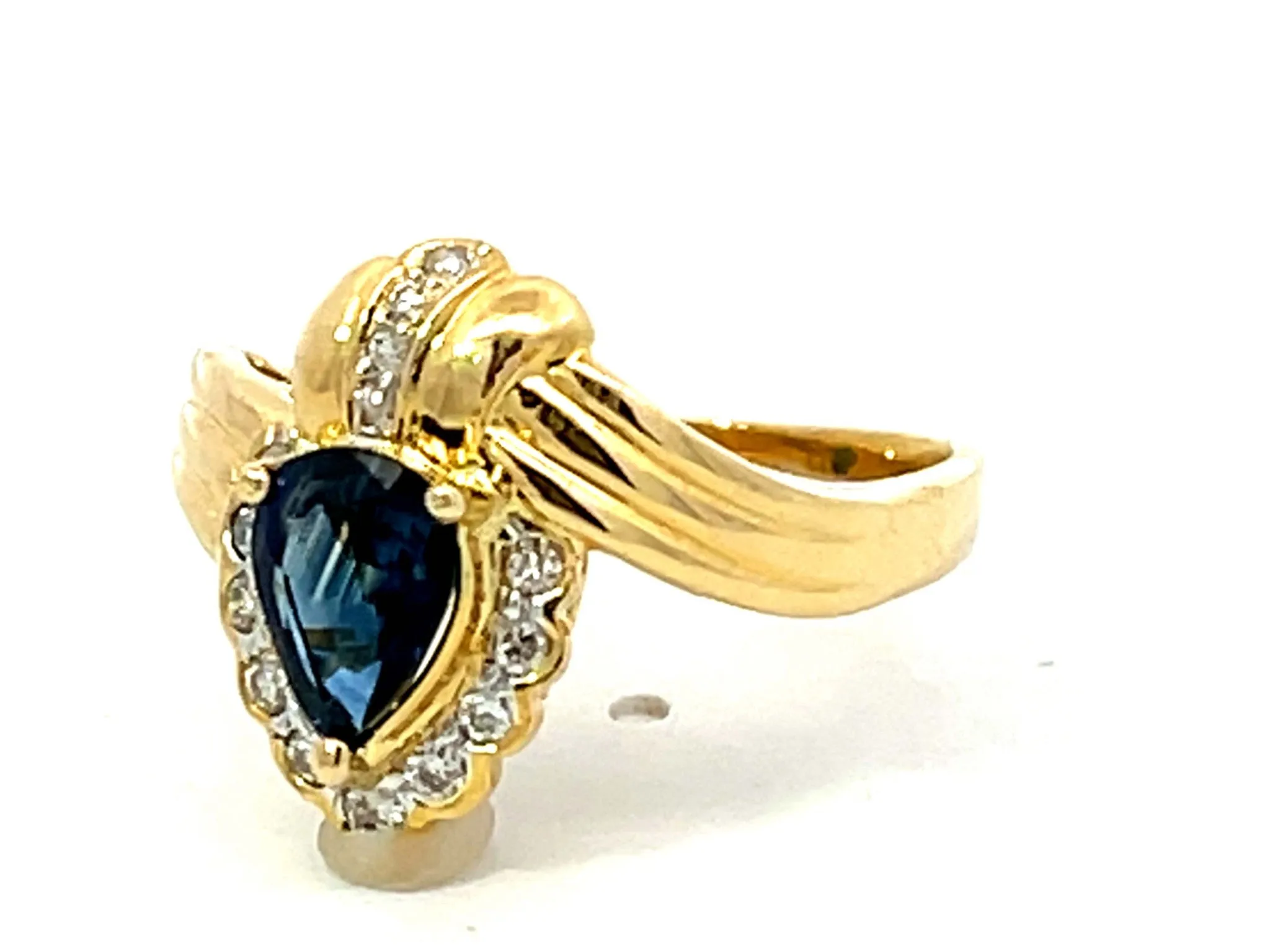 Vintage Pear Shaped Sapphire and Diamond Halo Ring in 18k Yellow Gold