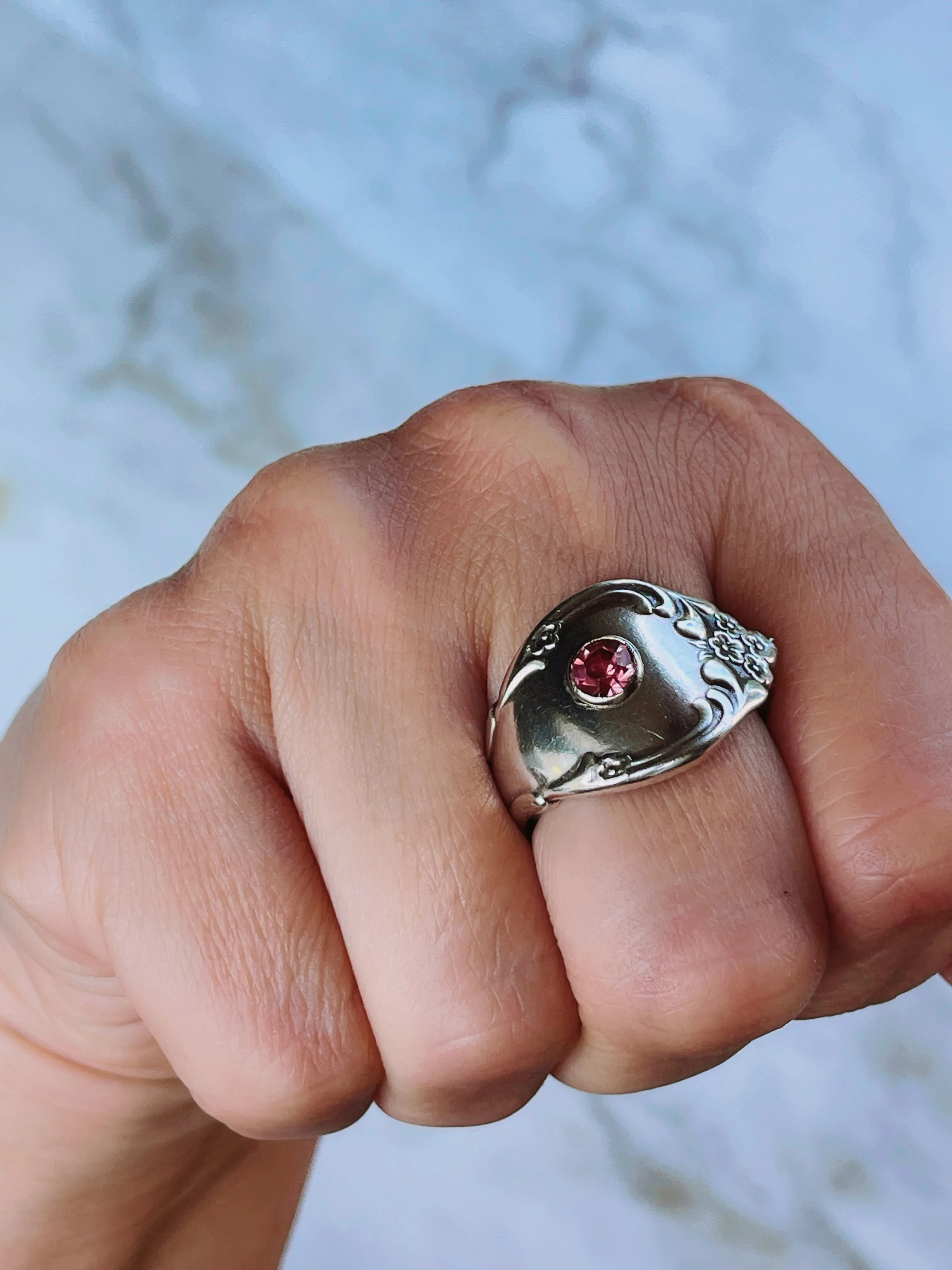 Vintage Silver Spoon Ring with Pink Stone