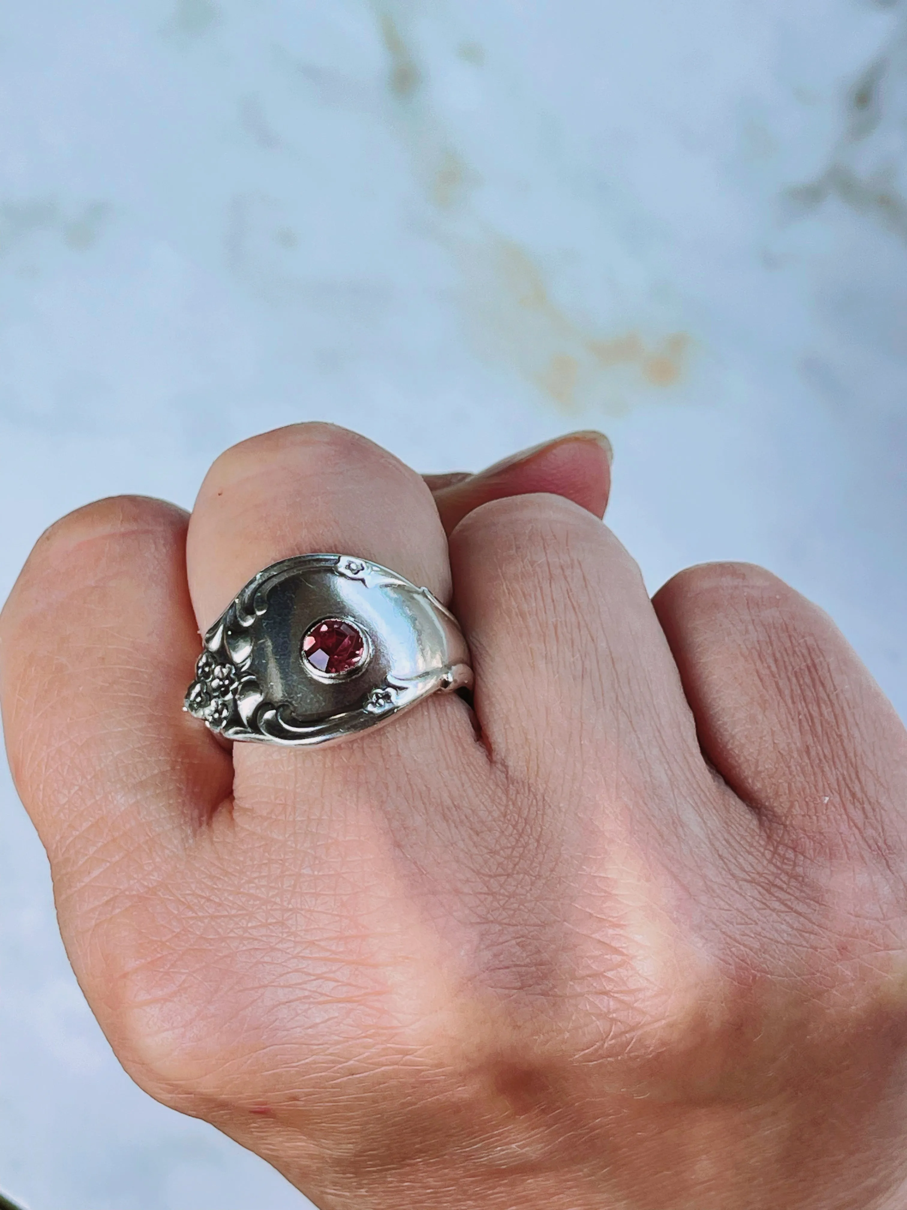 Vintage Silver Spoon Ring with Pink Stone