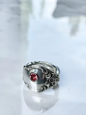 Vintage Silver Spoon Ring with Pink Stone