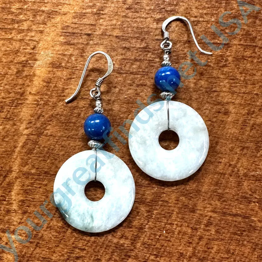Vintage Sterling Silver Lapis & Jade Pierced Earrings