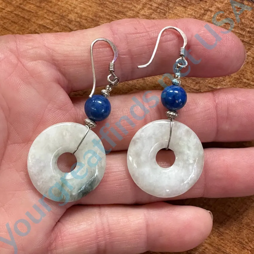 Vintage Sterling Silver Lapis & Jade Pierced Earrings