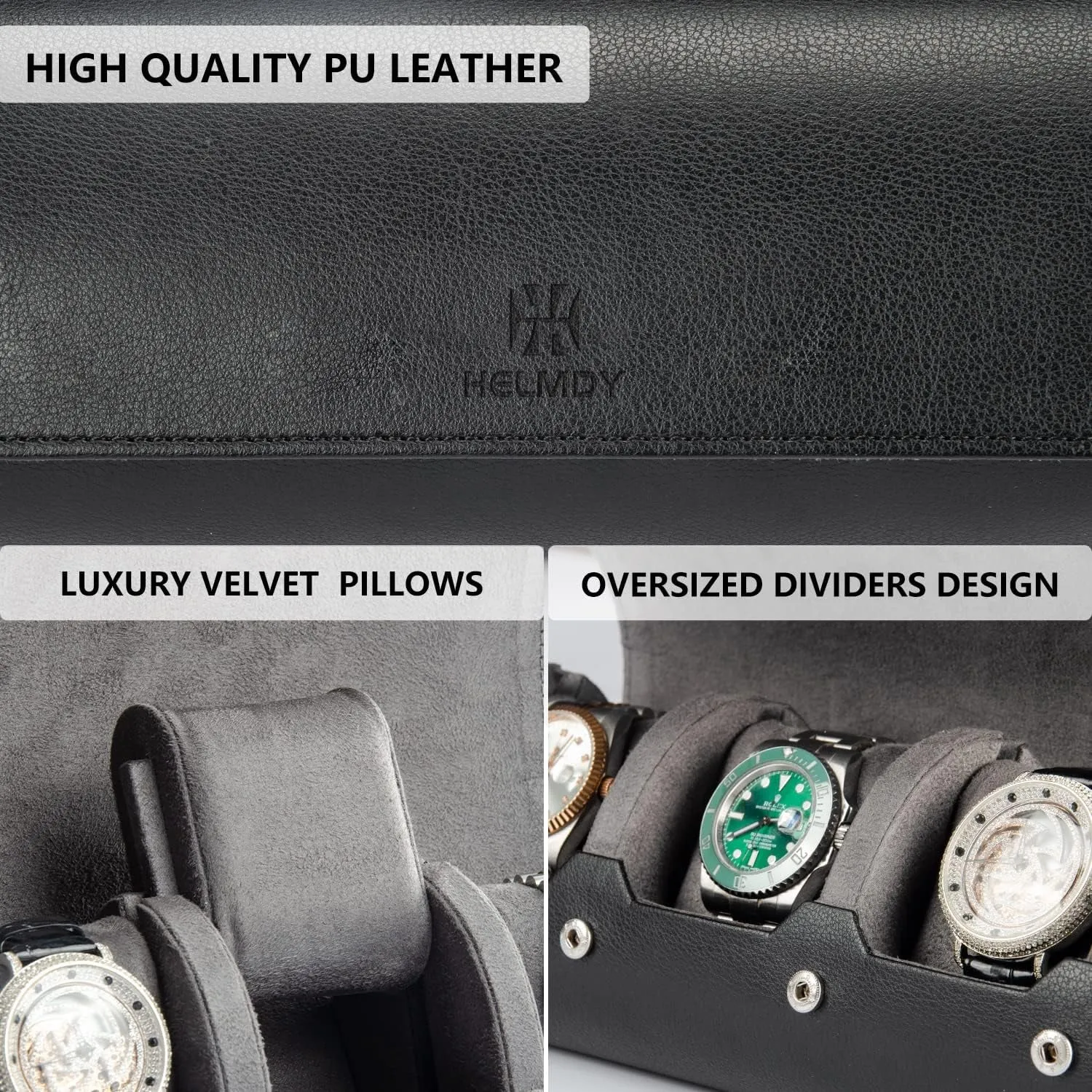 Watch Travel Case for Men: 3 Slot Watch Box Organizer Display Case - Portable Watch Storage & Travel Case - Watch Roll Fits All Wrist Watches & Smart Watches up to 50Mm (Black)