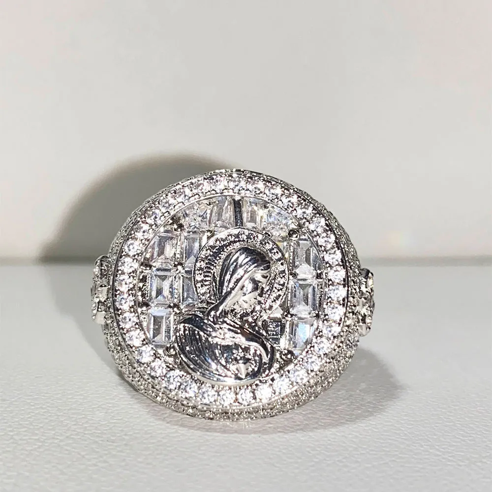 Wholesale Vintage Religious 925 Sterling Silver White Gold Zircon Diamond Virgin Mary Men Rings