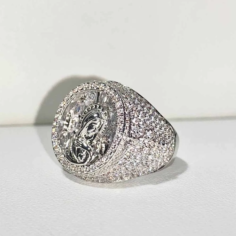 Wholesale Vintage Religious 925 Sterling Silver White Gold Zircon Diamond Virgin Mary Men Rings
