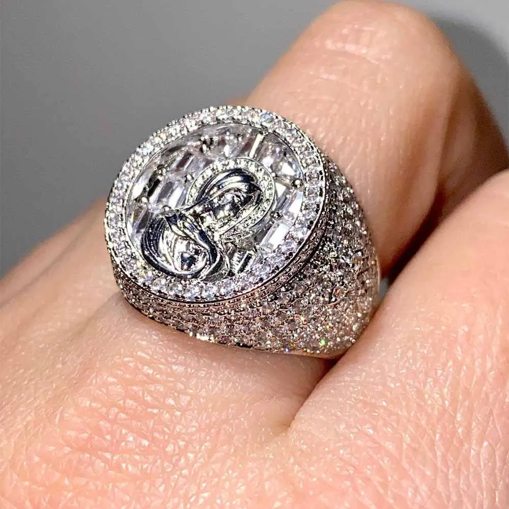 Wholesale Vintage Religious 925 Sterling Silver White Gold Zircon Diamond Virgin Mary Men Rings