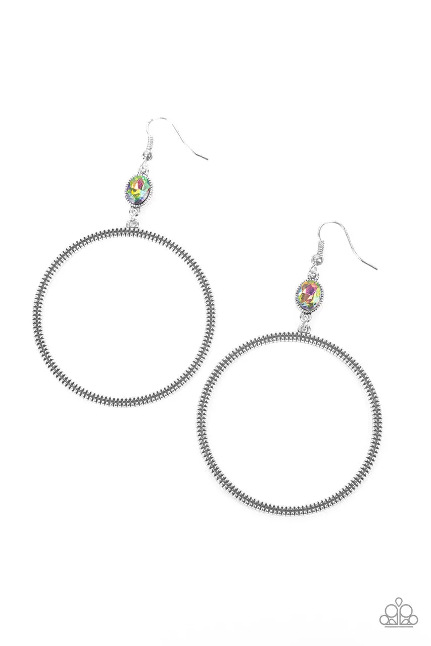 Work that Circuit - Multi - Oil Spill Gem Silver Hoop Paparazzi Fishhook Earrings