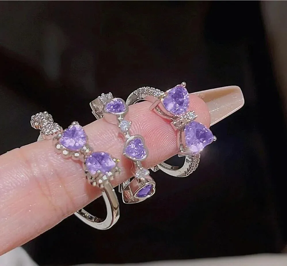 Y2K Crystal Rings Kpop Heart Adjustable Ring Irregular Geometry Punk Vintage Rings Set for Women Girls