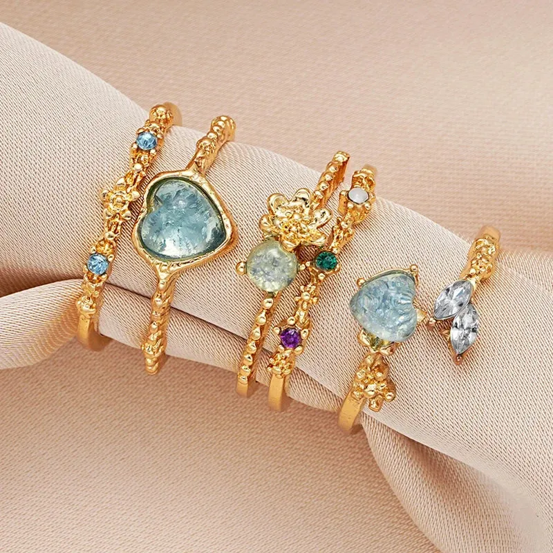 Y2K Crystal Rings Kpop Heart Adjustable Ring Irregular Geometry Punk Vintage Rings Set for Women Girls