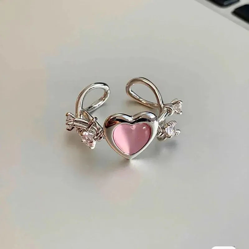 Y2K Crystal Rings Kpop Heart Adjustable Ring Irregular Geometry Punk Vintage Rings Set for Women Girls