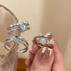 Y2K Crystal Rings Kpop Heart Adjustable Ring Irregular Geometry Punk Vintage Rings Set for Women Girls
