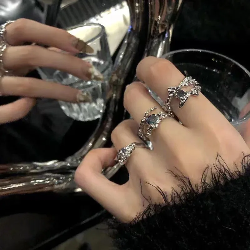 Y2K Crystal Rings Kpop Heart Adjustable Ring Irregular Geometry Punk Vintage Rings Set for Women Girls