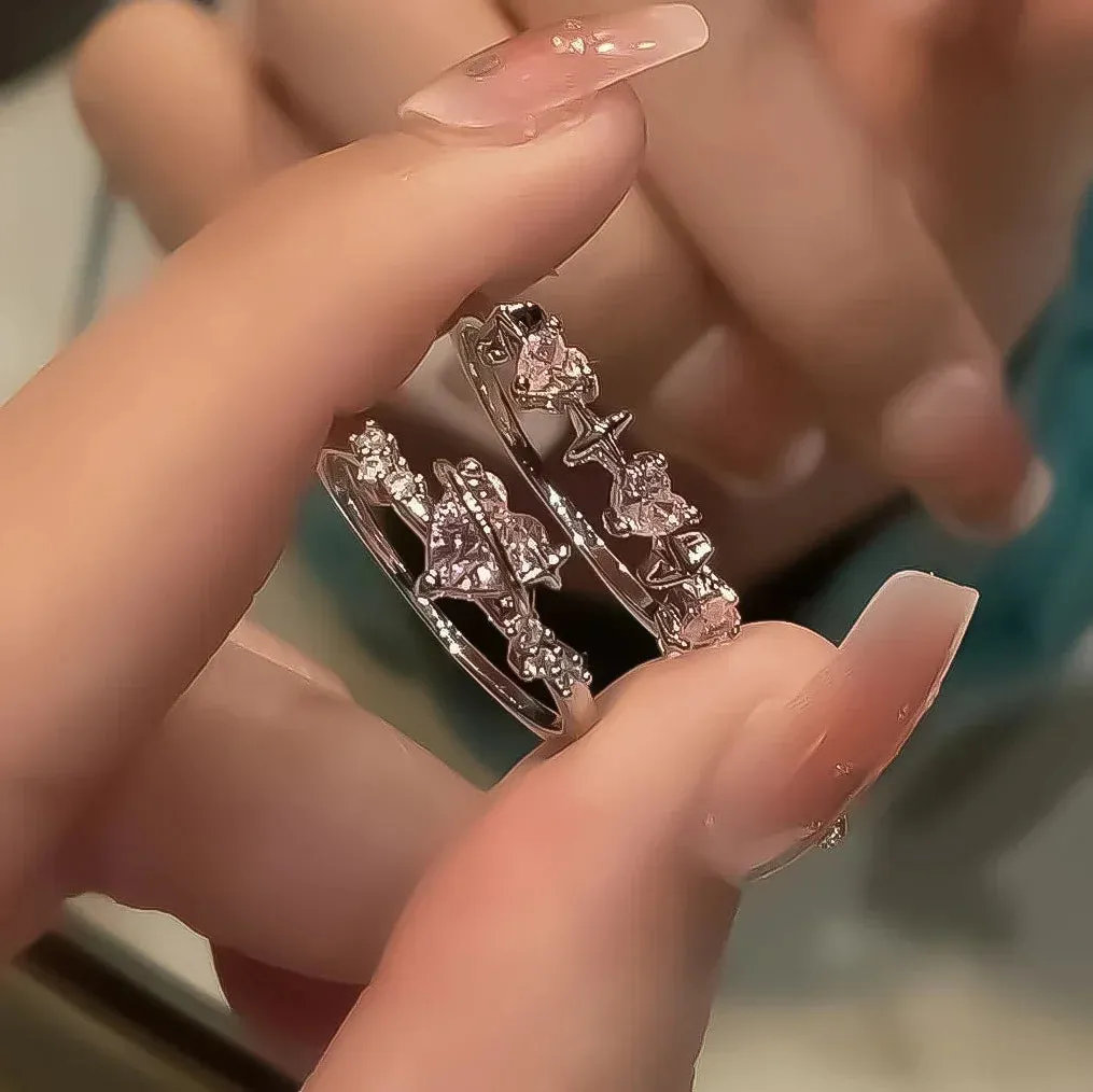 Y2K Crystal Rings Kpop Heart Adjustable Ring Irregular Geometry Punk Vintage Rings Set for Women Girls